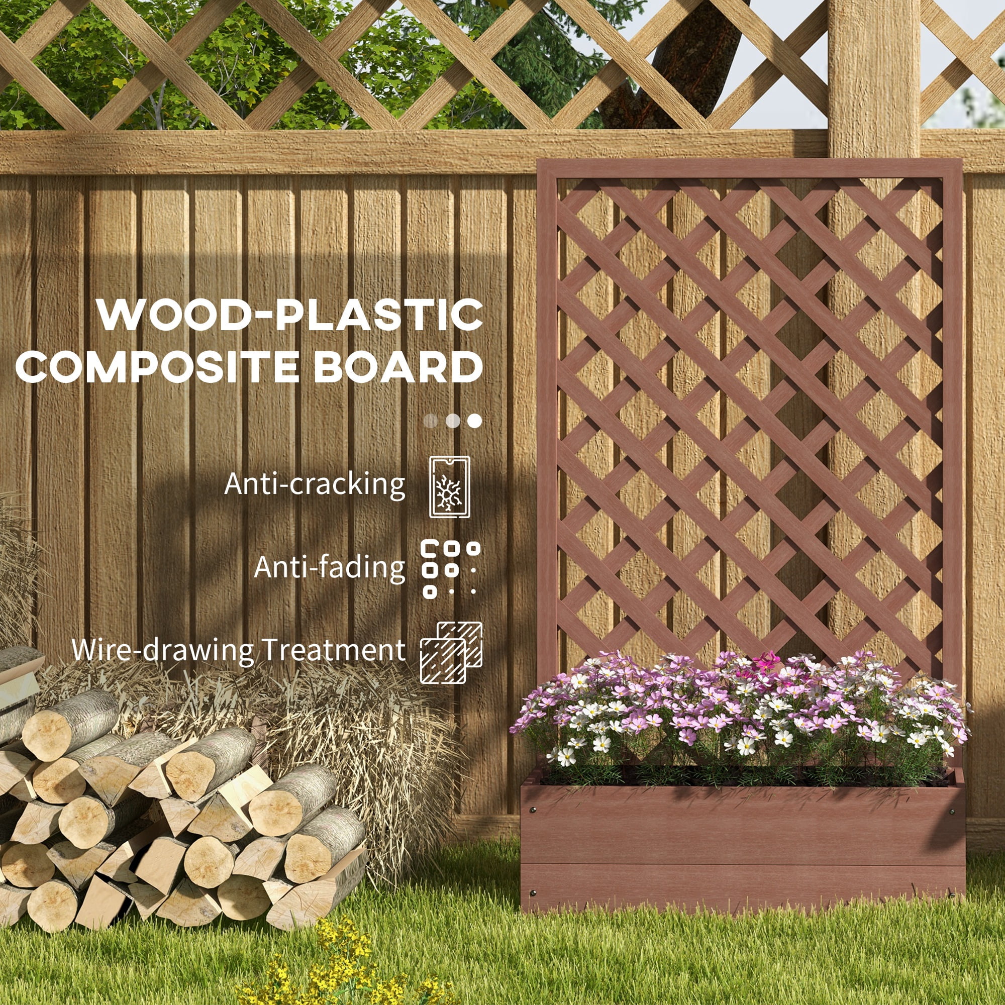 Garden Pots Outsunny Raised Garden Bed with Trellis Lattice, Wood Planter Box with Self Draining Gap, Freestanding Trellis Planter for Climbing Plants, Vines, Flowers, 29.5" x 13.25" x 53.25", Light