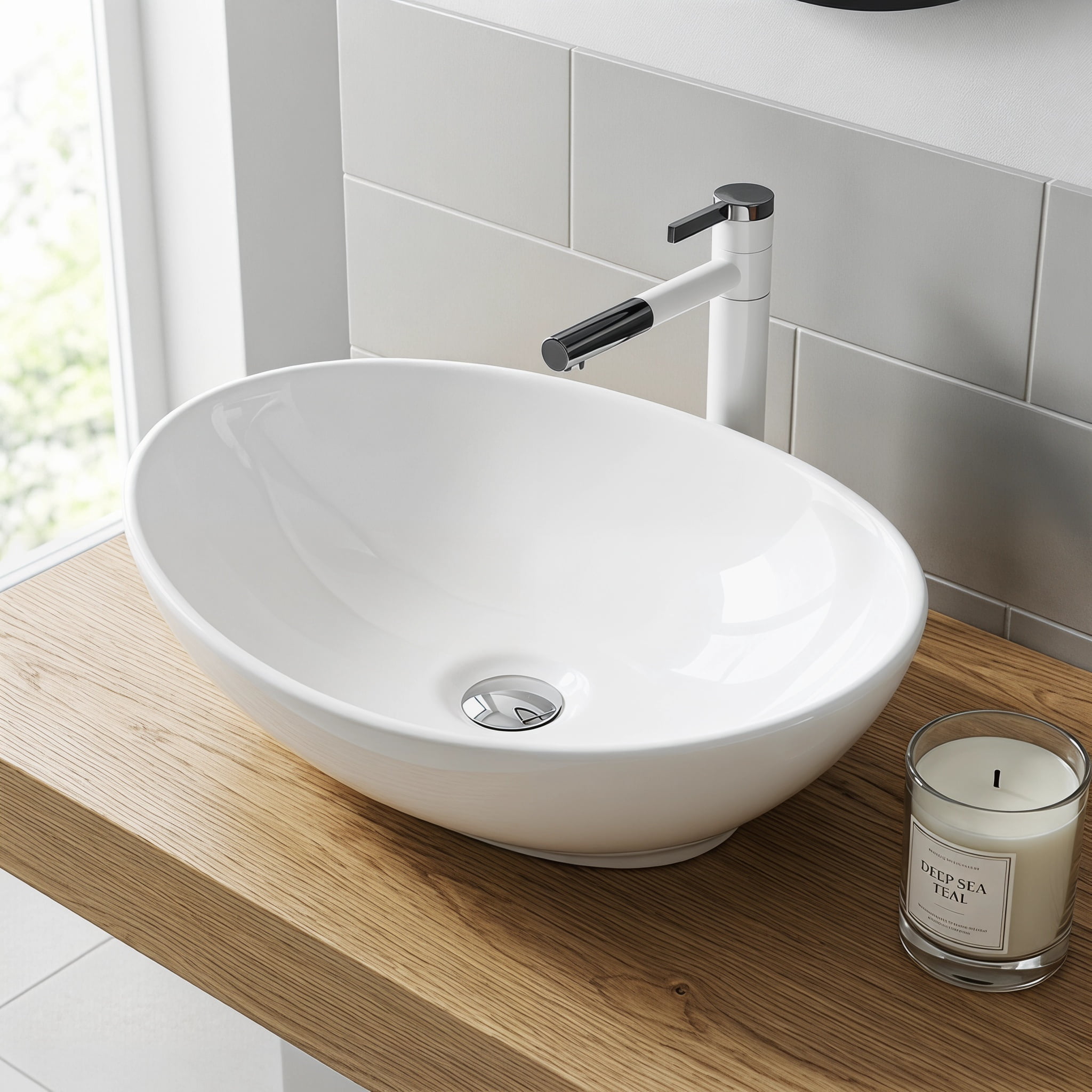 Kadyn 16Inch White Ceramic Oval Bathroom Sink with Pop-Up Drain Design, Countertop Vessel Wash Basin for Bathroom, Home Office, White
