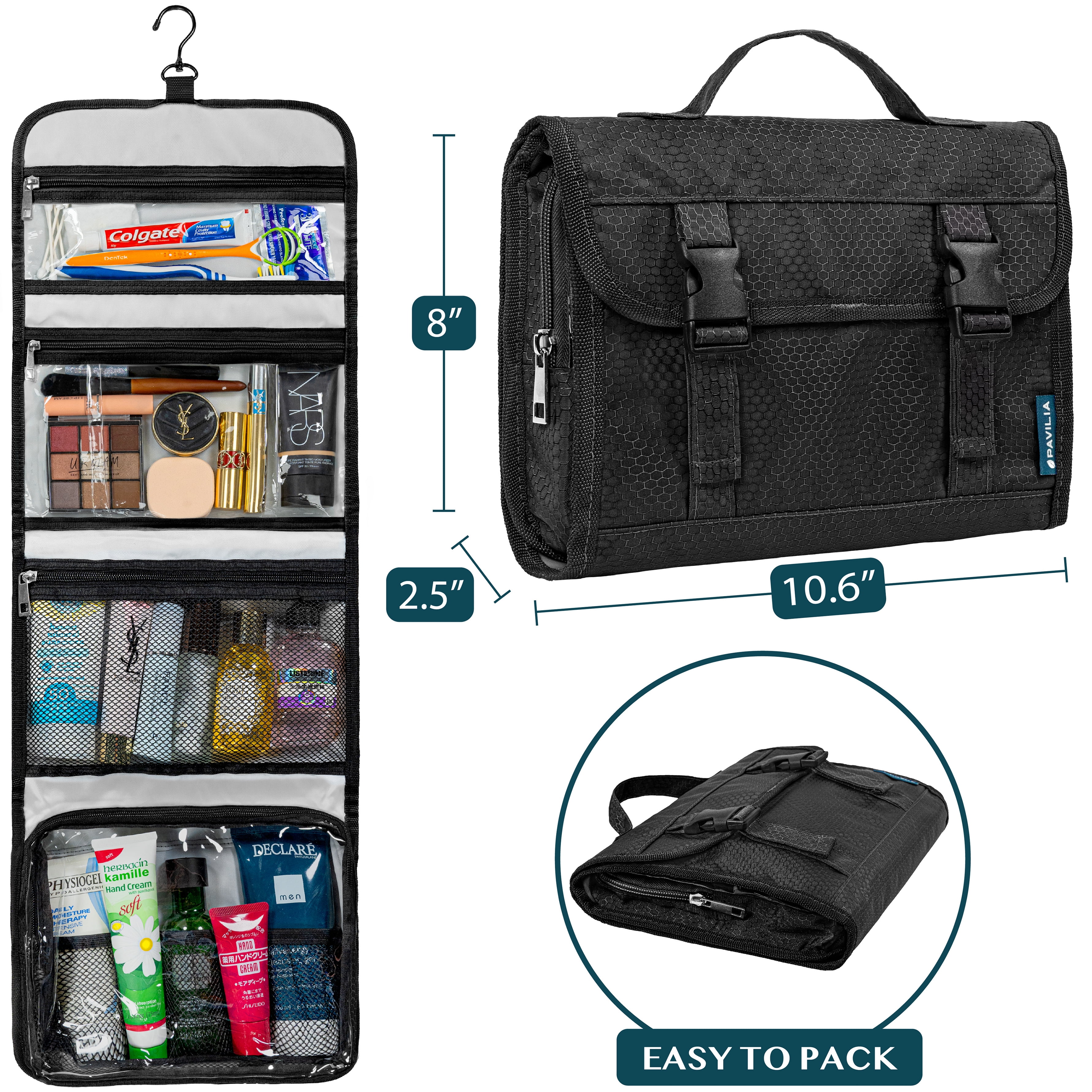 PAVILIA Travel Hanging Toiletry Bag for Women Men, Large Capacity Makeup Bag Kit, Waterproof Cosmetic Storage Organizer Case for Bathroom Shower, Black