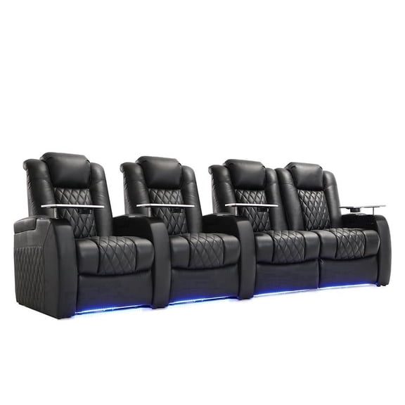 Weilianda Luxury Home Theater Seating Electricity Recliner Power Headrest Recliner Top Grain Leather Movie Chair Gaming Sofa with Tray Table USB Charging Cup Holders,Row of 4 loveseat Right Black