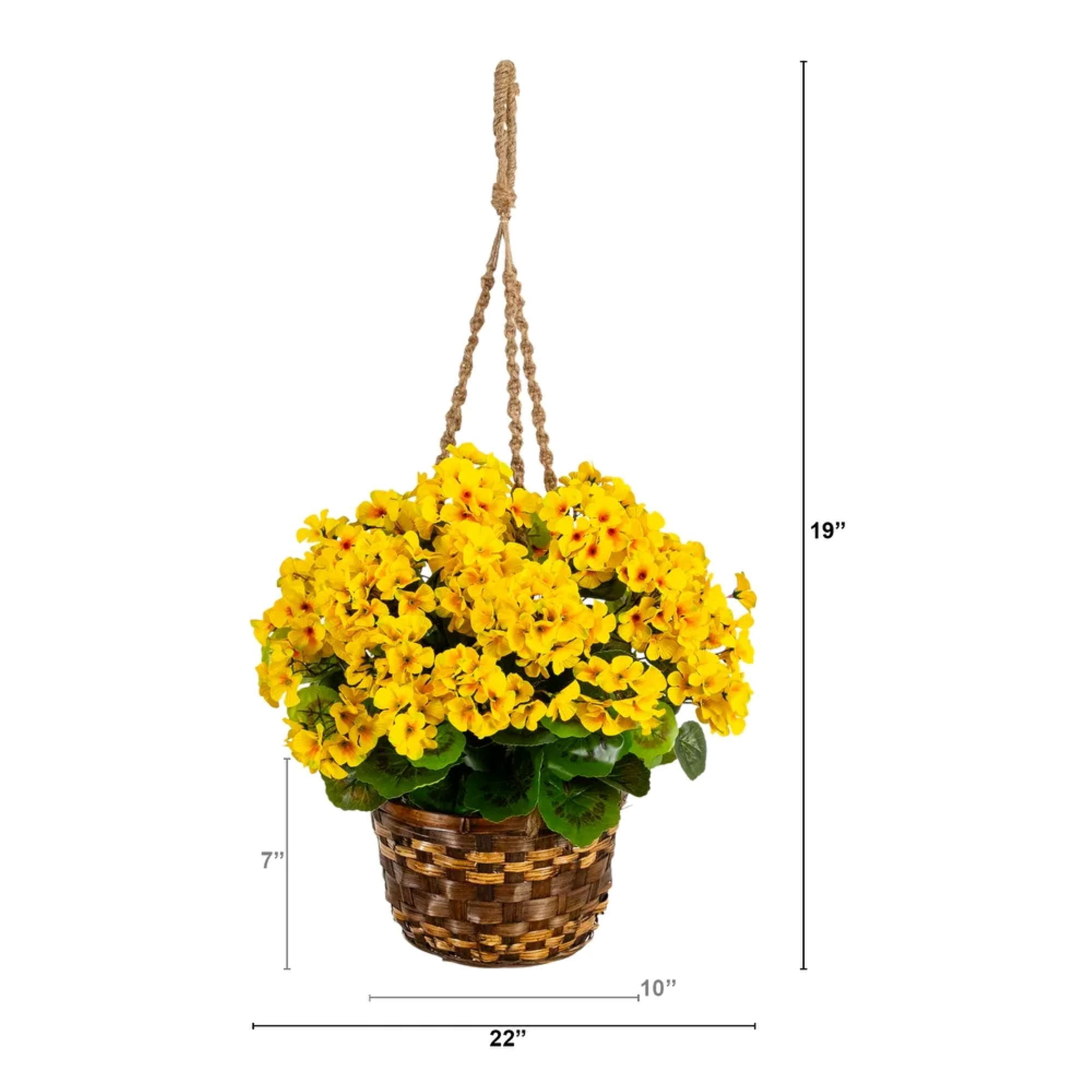 Nearly Natural UV Resistant Outdoor Artificial Geranium Plant in Hanging Basket - 19" - Yellow