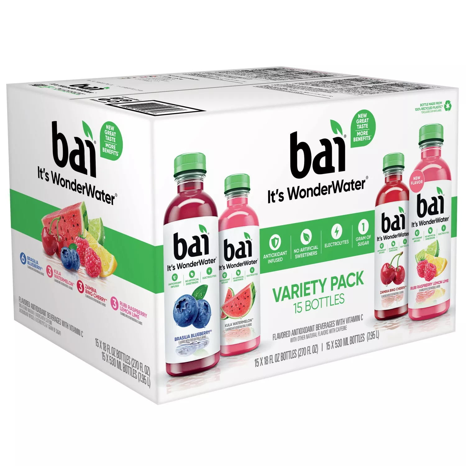 Bai Flavors Variety Pack Antioxidant Infused Water Beverage, 15 pk./18 fl. oz.