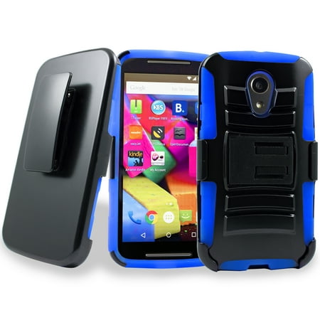 for Motorola Moto G2 2nd Generation Knight Armor Holster Clip Hybrid Double Stand Case Impact Cover Blue