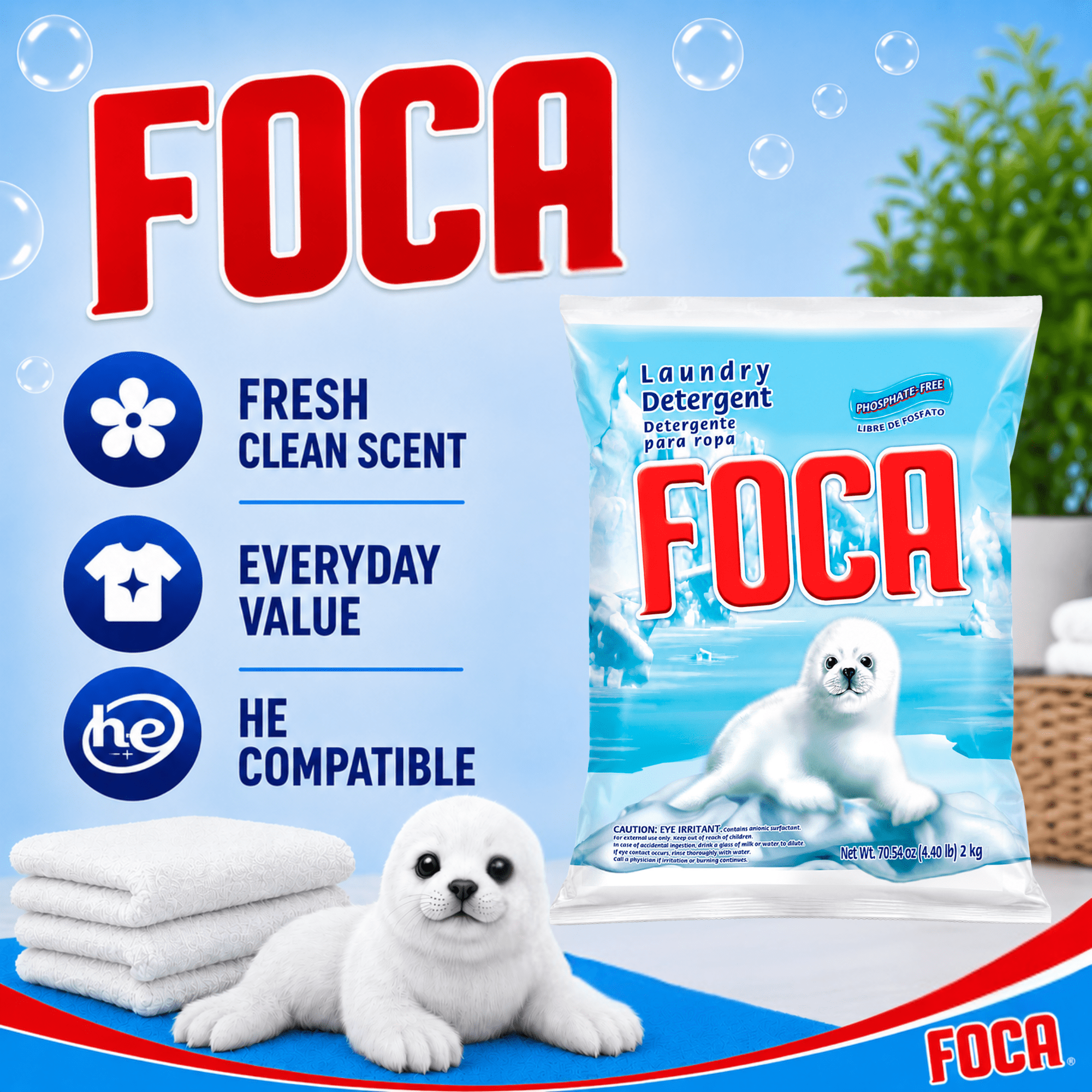 Foca Laundry Detergent, Household Use, All Ages, Biodegradable & Phosphate-Free, Powder Detergent with Anionic Surfactant 70.54 oz