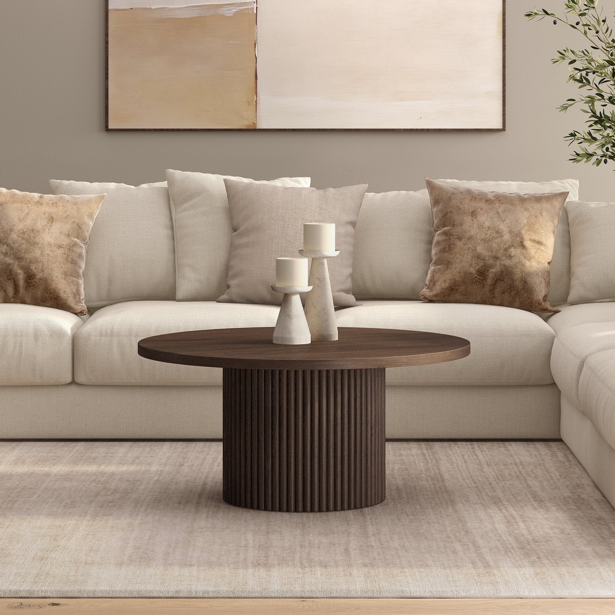 Rollan 32" Wide Round Fluted Coffee Table in Brown Oak