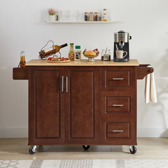 Kitchen Island with Drop Leaf Countertop, Rolling Kitchen Island Cart Brown