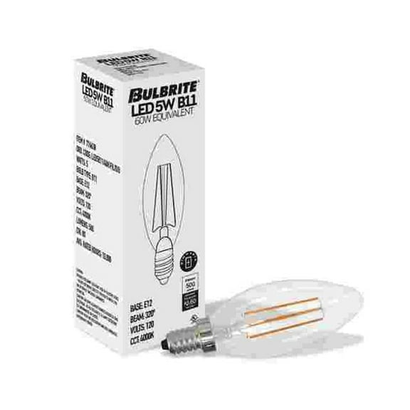 Bulbrite 861688 LED Filament 5 W Dimmable B11 Light Bulb with Clear Glass Finish & Candelabra E12 Base - 4000K Cool White Light, 500 Lumens, Pack of 4