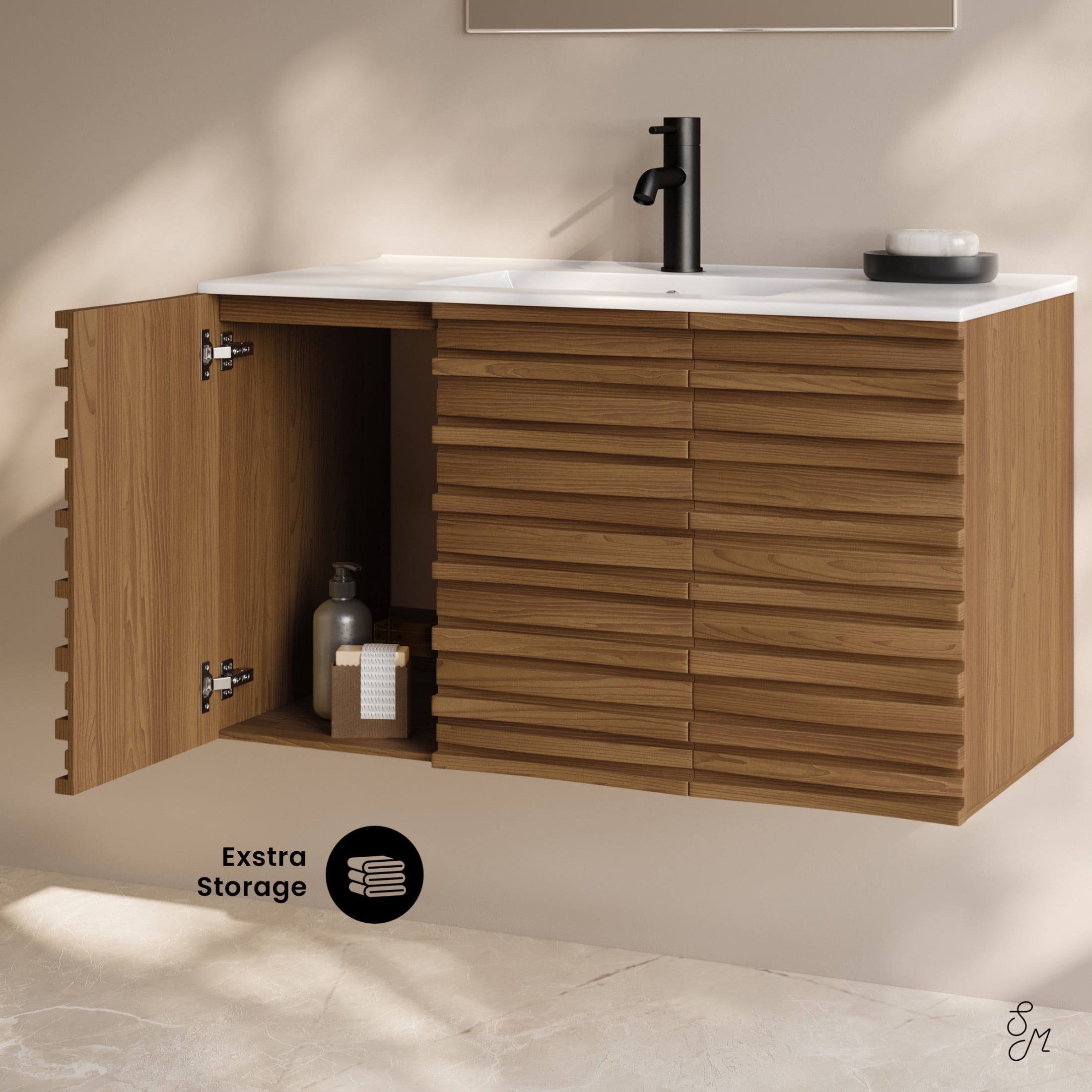 Cascade 36" Wall-Mounted Bathroom Vanity in Brown Oak with Sink Top
