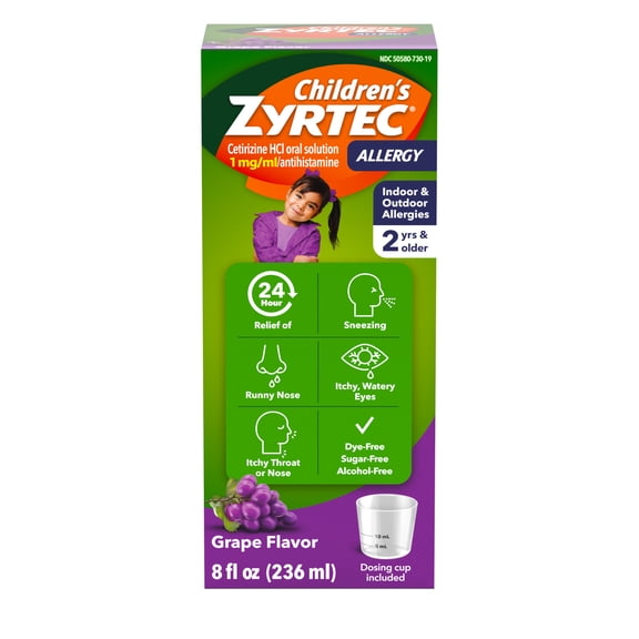 Children's Zytec Liquid Allergy Syrup, Free of Dyes, Sugar, Alcohol, Grape Flavor, 8 fl. oz