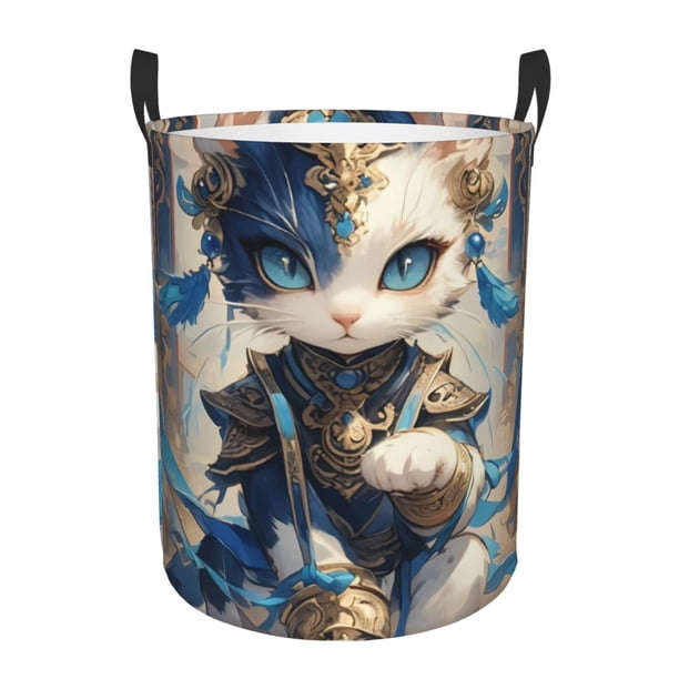 Balery Exotic Blue Cat Cesta de ropa redonda con asas, impermeable, independiente, para ropa, juguetes, dormitorio y familia-Medium