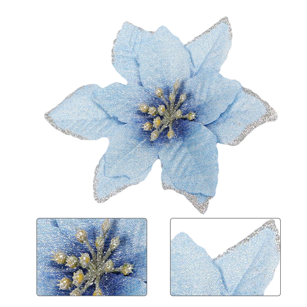 Irene Inevent 1pc Christmas Tree Decorative Fake Flower Artificial Glitter Flower Head Xmas Decoration - Blue