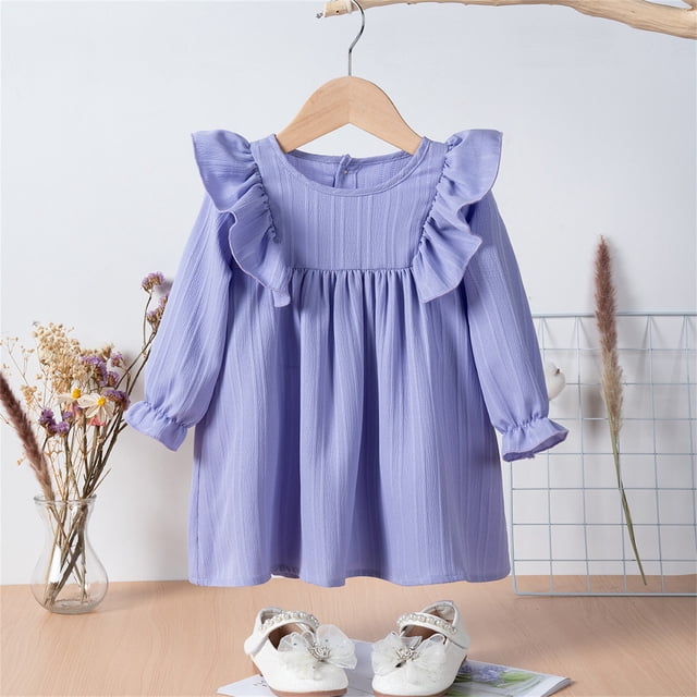 Robes pour Filles Robe Bébé Fille Printemps Automne Couleur Unie Col Rond Manches Longues pour Enfants Vêtements à la Mode