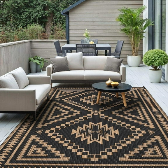 KUETH 5' x 8' Outdoor Rug Waterproof for Patio Carpet Plastic Reversible Straw Outdoor Rug for Camping Picnic Geometric Mat ,Black & Brown