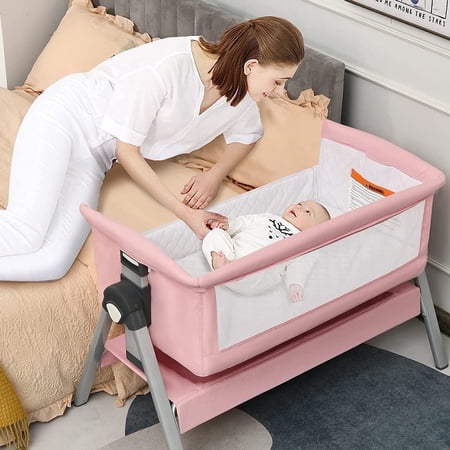 INFANS 3 in 1 Baby Bassinets  Bedside Sleeper for Newborn Folding Crib with Mattress Travel Bag Wheels 4-Sided Mesh Easy to Assemble Cradle Co Sleeper Stationary Rock Pink