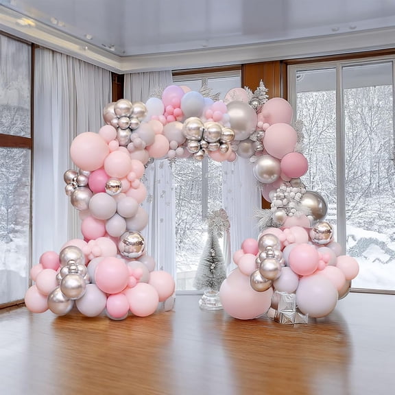 Pink and white Winter Balloon Garland Arch Kit 127pcs Pastel Pink Silver and double stuffed Gray Balloons for Winter wonderland girl 1st Birthday Baby Shower Pink Christmas Decorations