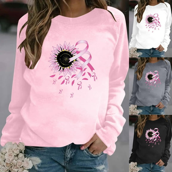 VKOYWKM Womens Breast Cancer Shirts Breast Cancer Awareness T-Shirt Long Sleeve Pink Ribbon Graphic Tee Tops Fall Crew Neck Loose Fit Breast Cancer Pullover Sweashirt