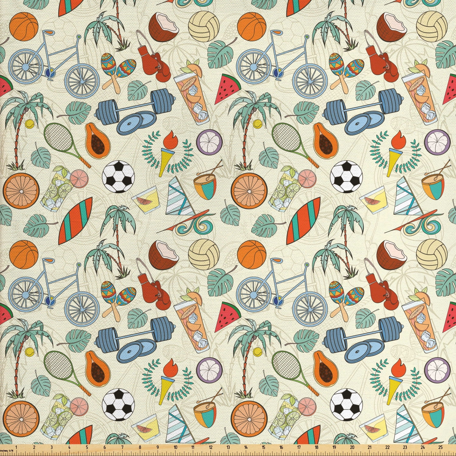 Sport Fabric by The Yard, Sports Themed Abstract Cartoon Style Bike Balls Olympic Flame Weight