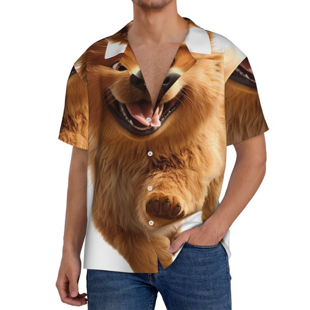 Fotbe Happy Fluffy Running Dog Camisa Estampada de Manga Corta para Hombre, Casual de Verano, Estilo Playero, Sin Arrugas-Small
