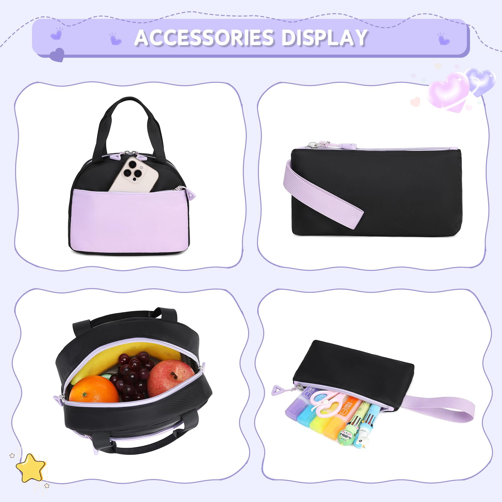 Soda Candy 3 Pcs Girls Backpack Set with Lunch Bag Pencil Case Elementary Middle School Backpacks for Kids Cute Kawaii Large Capacity Bookbag with Reflective Strip, Black Purple