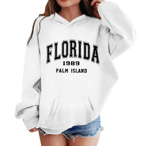Telankuip Trendy Hooded Sweatshirts for Teen Girls Florida Graphic Letter Printed Pullover Hoodies Comfort Oversized Long Sleeve Drop Shoulder Casual Loose Sports Tops White 11-12 Years