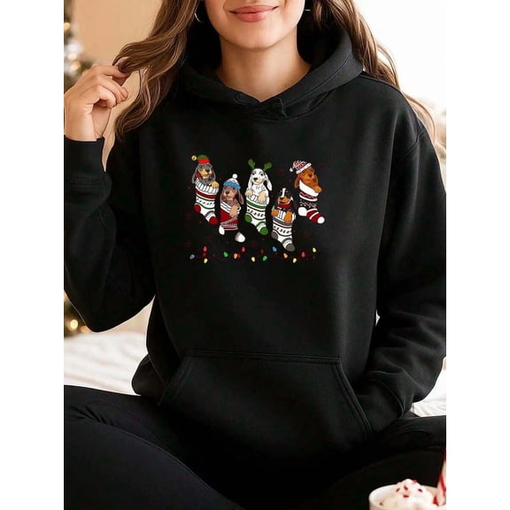 2026 Women's Christmas Hoodie - Cartoon Dog Pattern Printed Sweatshirt, Comfortable Fabric for Winter Party & Home Wear, Perfect Gift