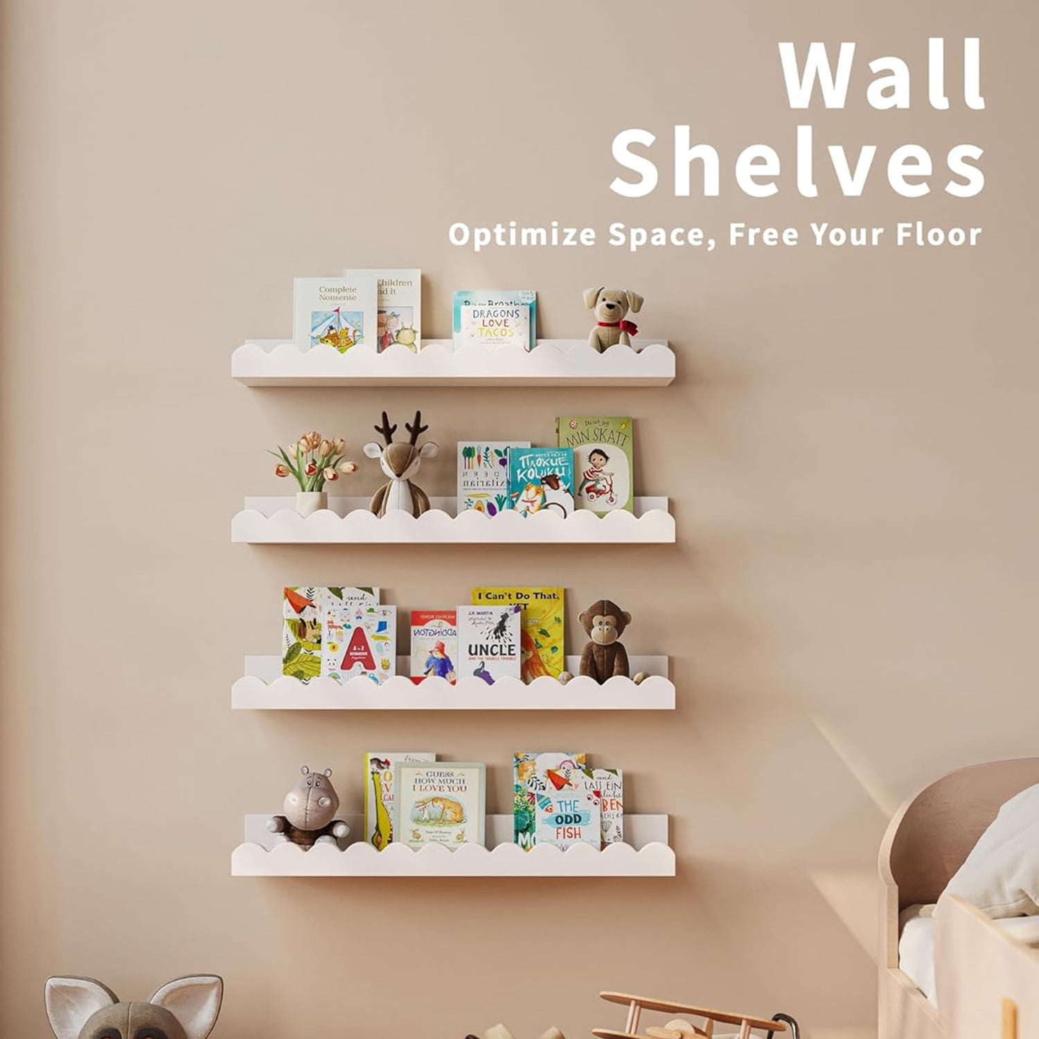 Book Shelves, 4-Pack White Floating Shelves for Wall, Scalloped Shelves, Wall Book Shelves for Bedroom