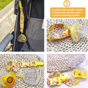 A set of stroller accessories, including a stroller tray, pacifier strap, and pacifier case.