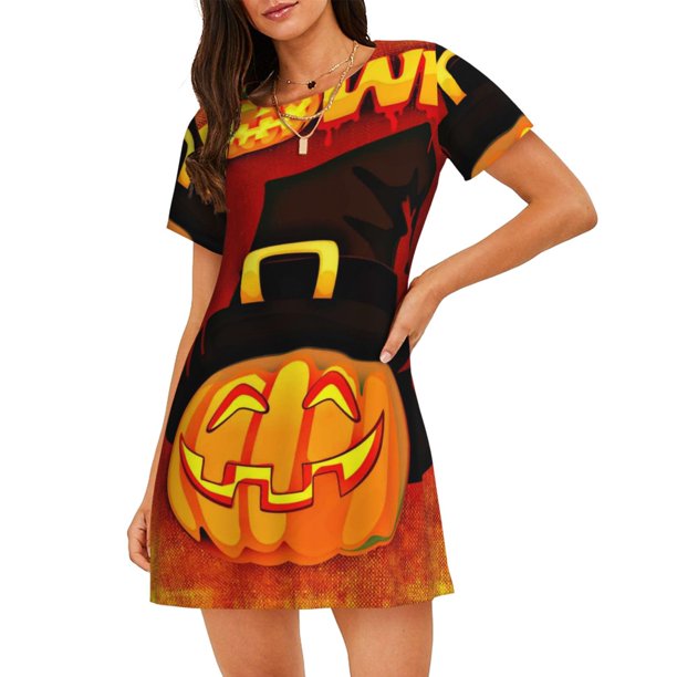 Disketp Halloween Pumpkin para Camisón Corto de Manga Corta para Mujeres, Camisón Cómodo con Escote Redondo, Bonito y Confortable