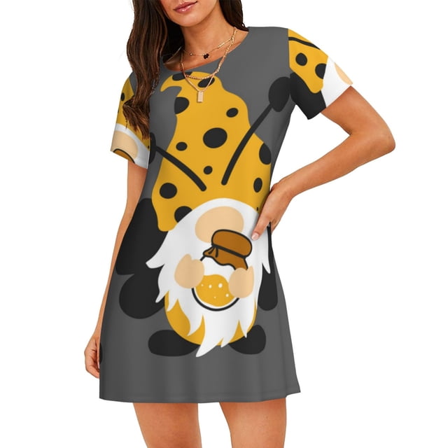 Balery Bee Gnome With Sunflower Camisón de manga corta con cuello redondo para mujer, cómodo y elegante.