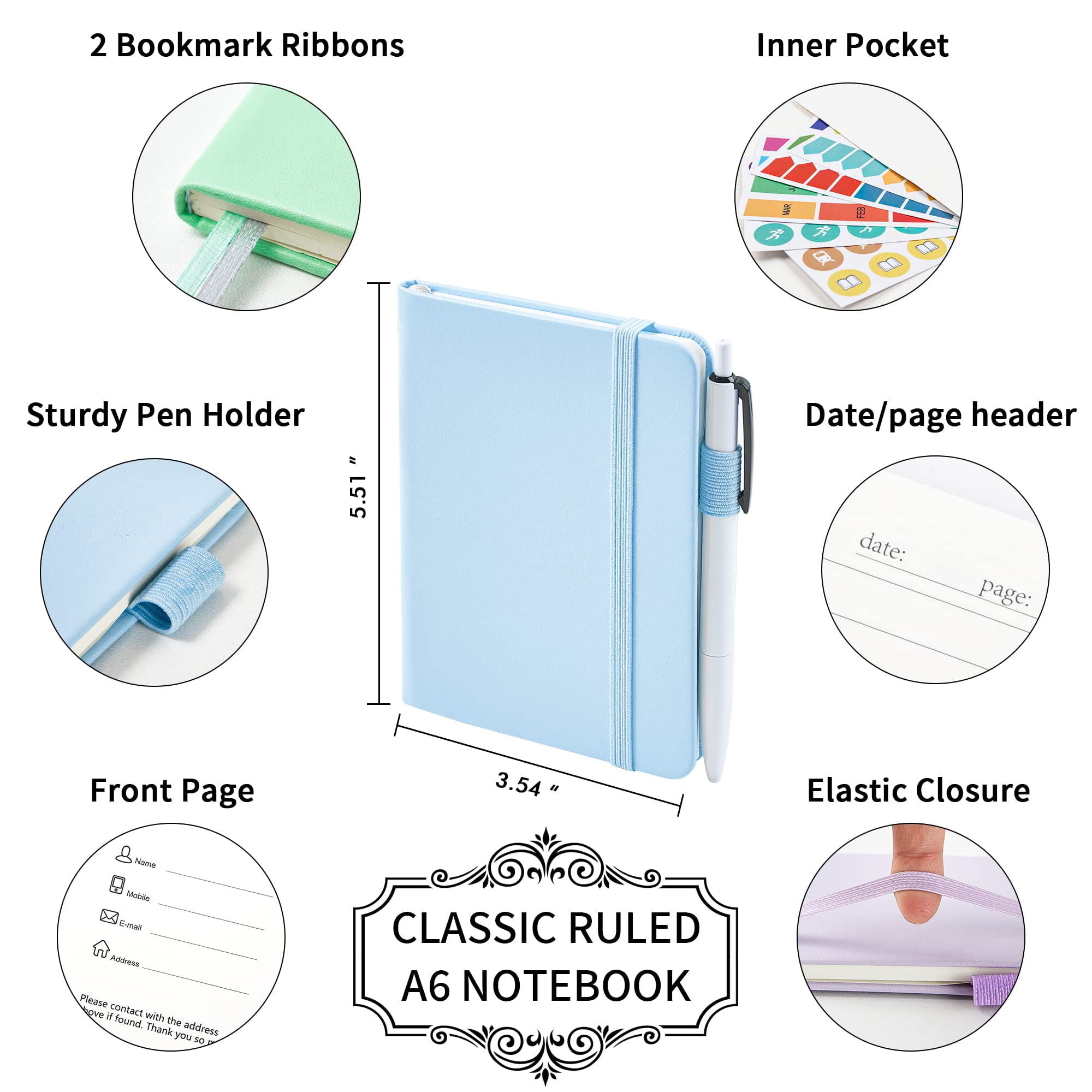 3 Pack Pocket Small Notebook Journals  Mini Cute Hardcover College Ruled Notepad Women Office Supplies With 3 Black Pens 3.5"x 5.5" A6 Pastel Colors Light Blue Purple Green