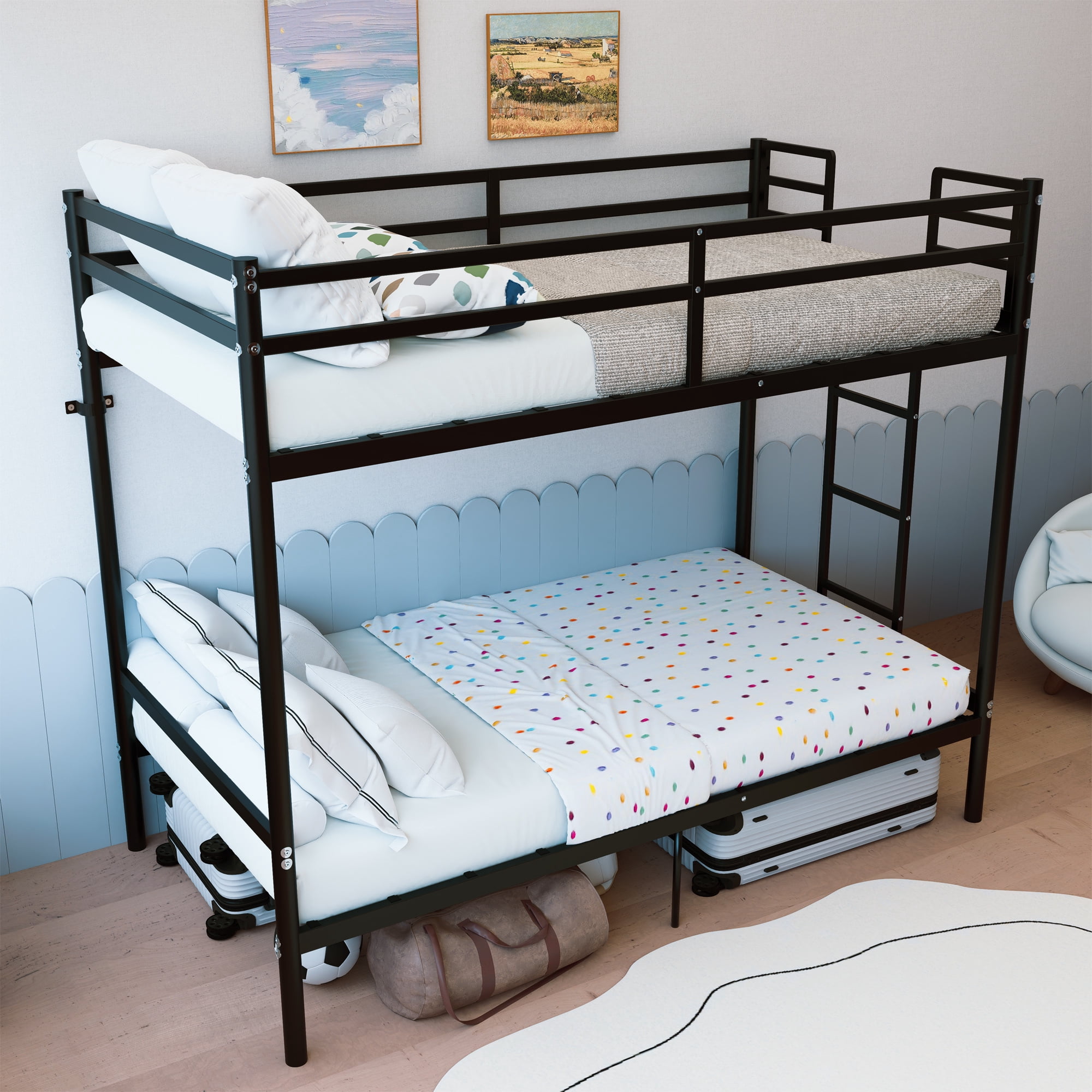 Leumius Metal Bunk Bed Twin Over Twin,Heavy Duty Sturdy Steel Bed Bed Frame with Ladder & Full-Length Guardrails,No Box Spring Needed,Black