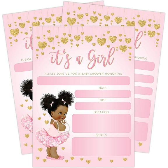 It's a Girl Pink and Gold Hearts Baby Shower Invitation, African American Baby Ballerina Princess, 20 Invitations