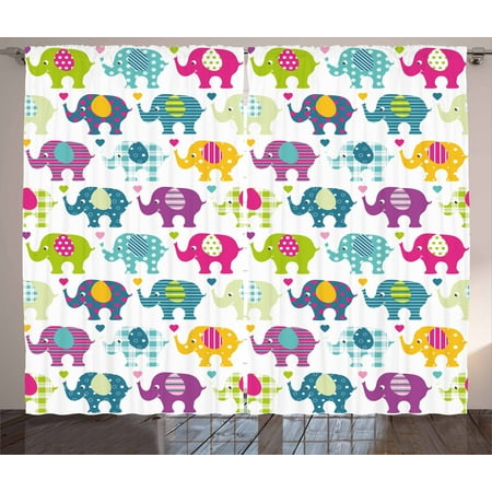 Tartan Heart - Elephant Nursery Curtains 2 Panels Set, Vivid Colorful Pattern Retro Plaid Tartan Polka Dots Hearts and Stripes, Window Drapes for Living Room Bedroom, 108W X 108L Inches, Multicolor, by Ambesonne