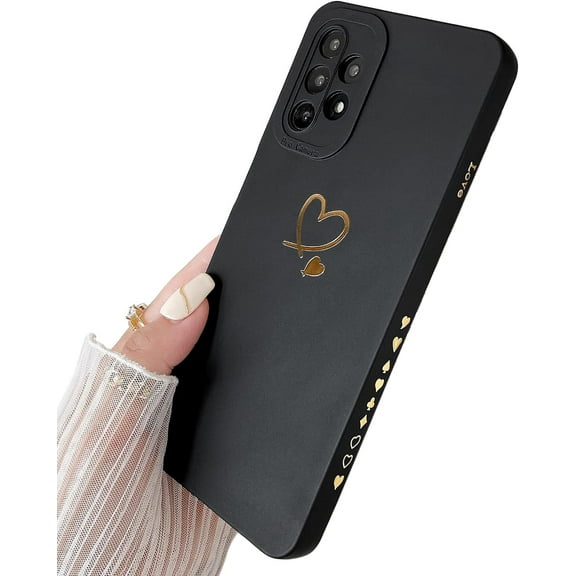 for Galaxy A32 5G 6.5"(Not fit A32 4G),Cute Bling Plated Gold Love Heart with Anti-Fall Camera Lens Cover Protection Soft Anti-Fingerprint Anti-Dust Phone Case for Samsung Galaxy A32 5G - Black