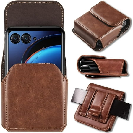 Zjrui for Samsung Galaxy Z Flip 5 / Z Flip 4 /Z Flip 3 Leather Phone Holster with Belt Clip Pouch Waist Bag for Motorola Razr-Brown