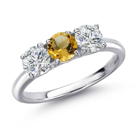 Gem Stone King 925 Sterling Silver Yellow Citrine and Lab Grown Diamond Engagement Ring for Women | 1.45 Cttw | Round 5MM | Gemstone November Birthstone | Size 8