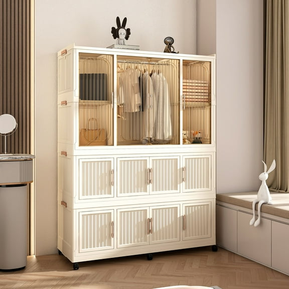 Large Portable Wardrobe Closet Organizer in Creamy White with 12 Magnetic Doors and Hanging Rod for Clothes Storage