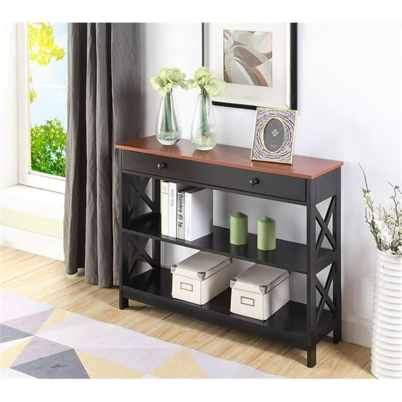 Pemberly Row Transitional One-Drawer Console Table in Cherry and Black Wood