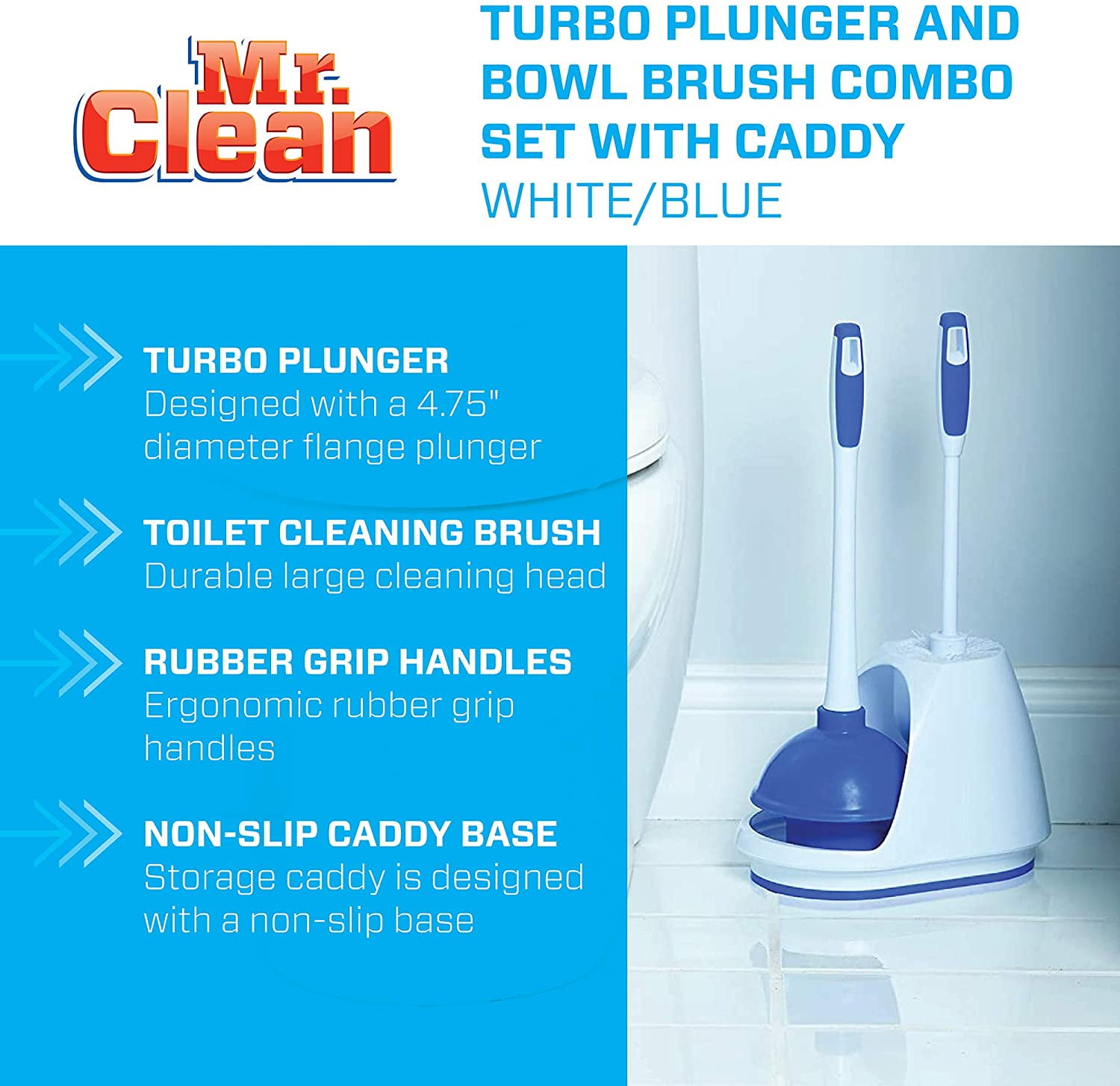 Toilet Plunger and Bowl Brush Combo with Caddy, 3-Piece Heavy-Duty Plunger, Toilet Brush, and Caddy Set, White/Blue
