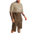 thumbnail image 2 of UVEASISHA Hawaiian Short Sets for Men 2 Piece Vacation Outfits Western Graphic Tee Color Block Tshirts and Short Set Brown L, 2 of 5