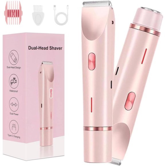 Dermave Bikini Shaver,Dual Head Bikini Trimmer Women,Glow Aura Womens Shaver,New Upgrade Bikini Shaver,2 in 1 Wet & Dry Waterproof Electric Bikini Trimmer for Women,Gift for Mom,Pink