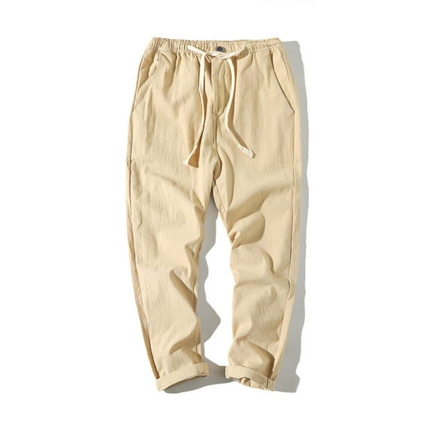 Puntoco Pantalones casuales largos para hombre Pantalones casuales de algodón con cordón y color sólido lavados con pierna recta y recortados para exteriores