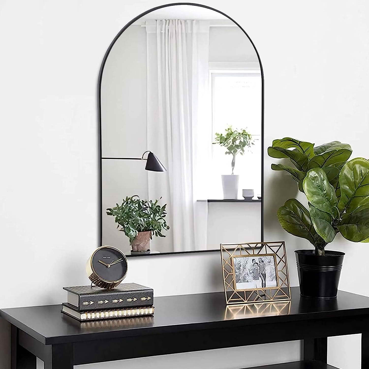 MAYEERTY 24x36 Inch Black Metal Framed Arched Bathroom Wall Mirror, for Large Bathroom Space