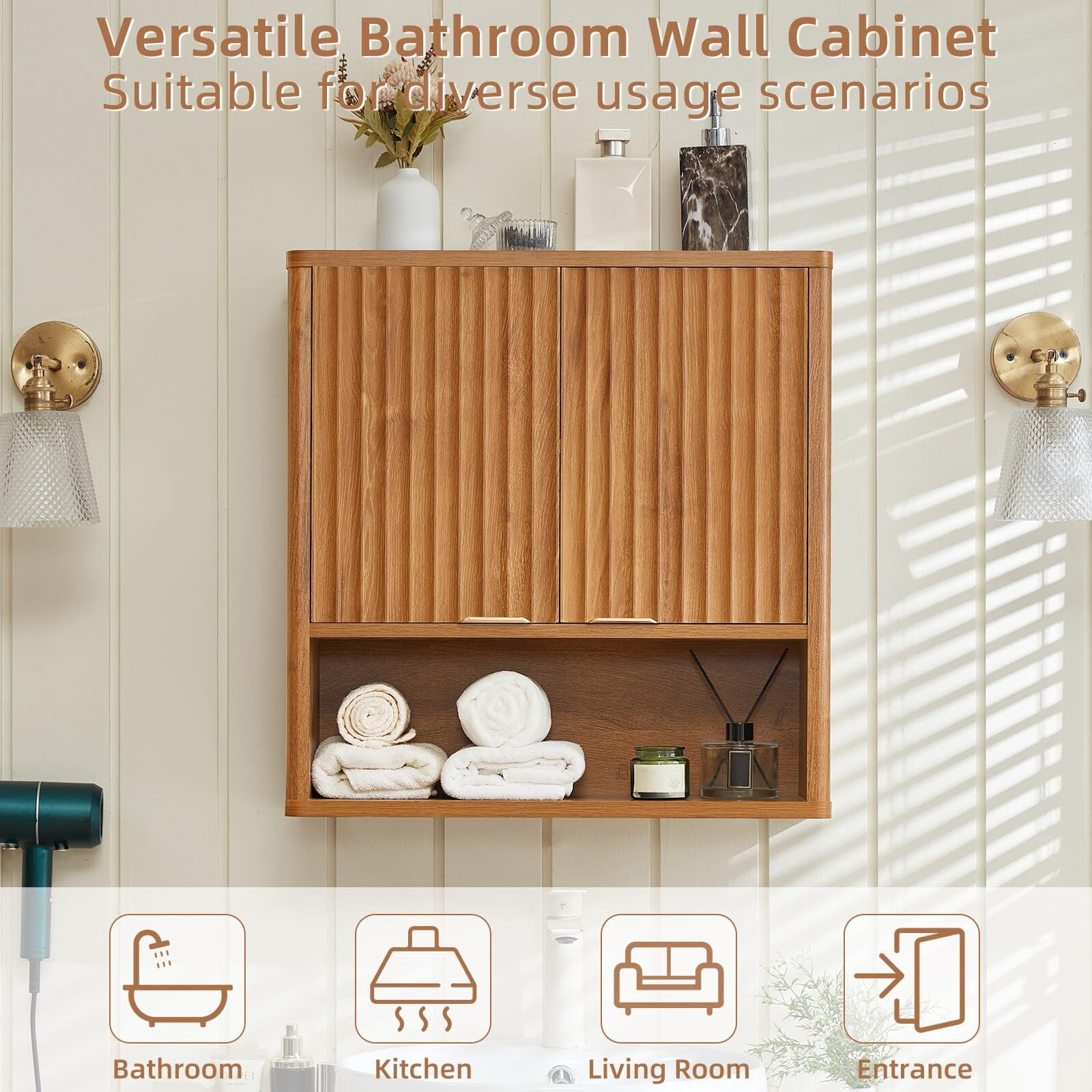 LELELINKY Rattan Wood Bathroom Wall Cabinet with Adjustable Shelf, Boho Medicine Cabinet for Over-Toilet Storage, Laundry Room, Tea Color