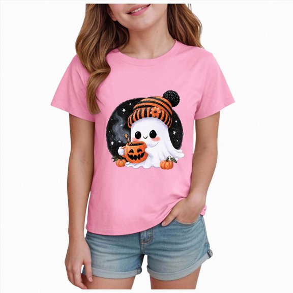 NIEWTR Halloween Simple Tee for Little Girls Short Sleeve Crew Neck Print Fashion Top Kids Graphi Tees,