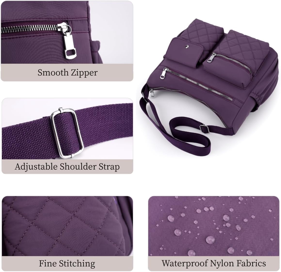 Sunyuer Crossbody Bag for Women, Casual Quilted Nylon Waterproof Travel Purse Trendy Multipocket Lightweight Shoulder Handbags for Ladies