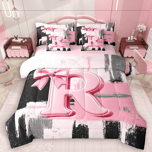 Manfei Black Pink Ombre Twin Bedding Sets 7pcs for Girls, Bow Knot Monogrammed Bedding Comforter Set, Personalized Letter R Sheet Sets, Ultra Soft Home Decor