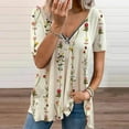 thumbnail image 2 of Ichuanyi Womens Shirts , Summer Women's Zipper Retro Printing V-neck Loose Short Sleeve T-shirt Top, 2 of 5
