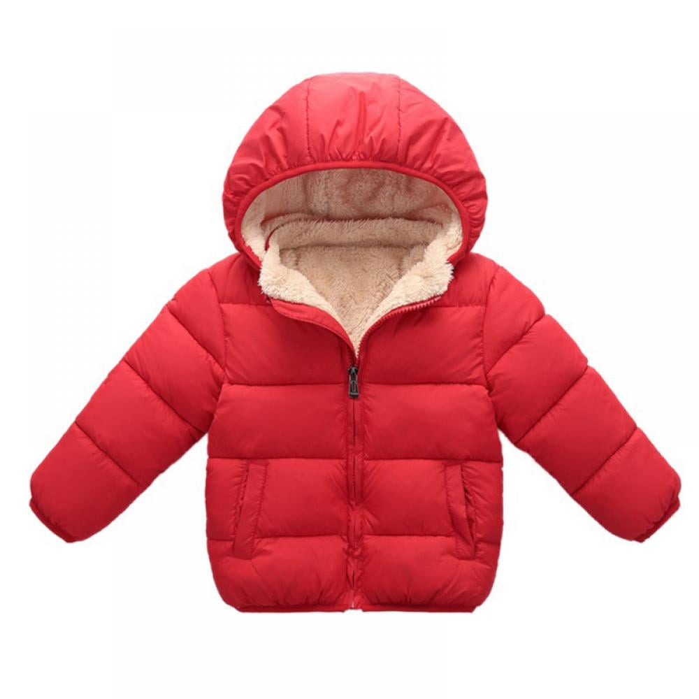 Baby Toddler Padded Coat Puffer Jacket Windproof Plush Outerwear Hood Zipper Fall Winter Long Sleeves Boys Girls Sports Outfits Red for 0-6 Years Happy Cherry 