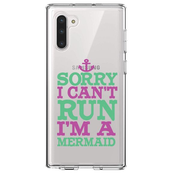 DistinctInk Clear Shockproof Hybrid Case for Samsung Galaxy Note 10 (6.3" Screen) - TPU Bumper Acrylic Back Tempered Glass Screen Protector - Sorry I Can't Run I'm a Mermaid